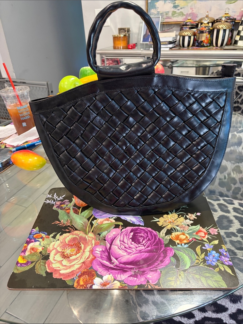 Woven Leather Tote Handbag in Black
